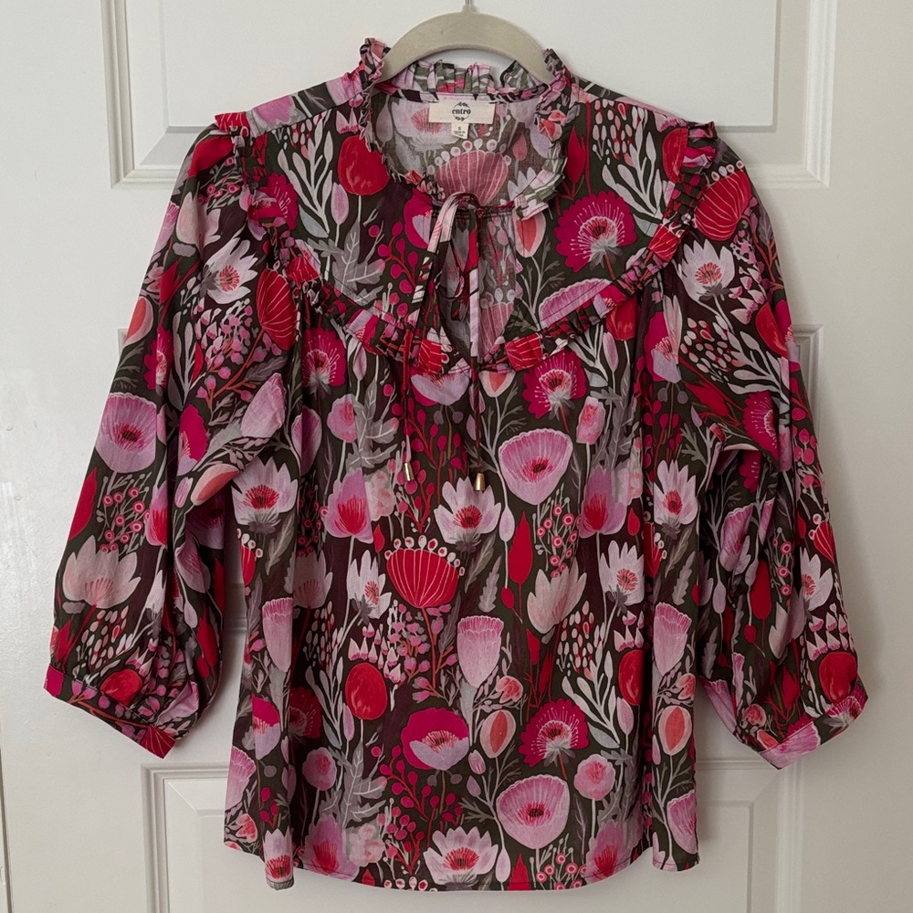 Entro Pink and Red Floral Blouse with Ruffle Trim